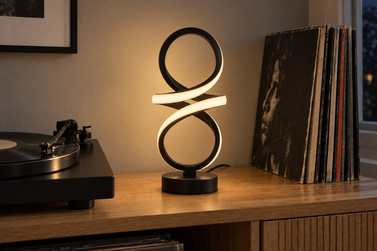 Infinity Swirl – Spiral LED Table Lamp with the light switched on