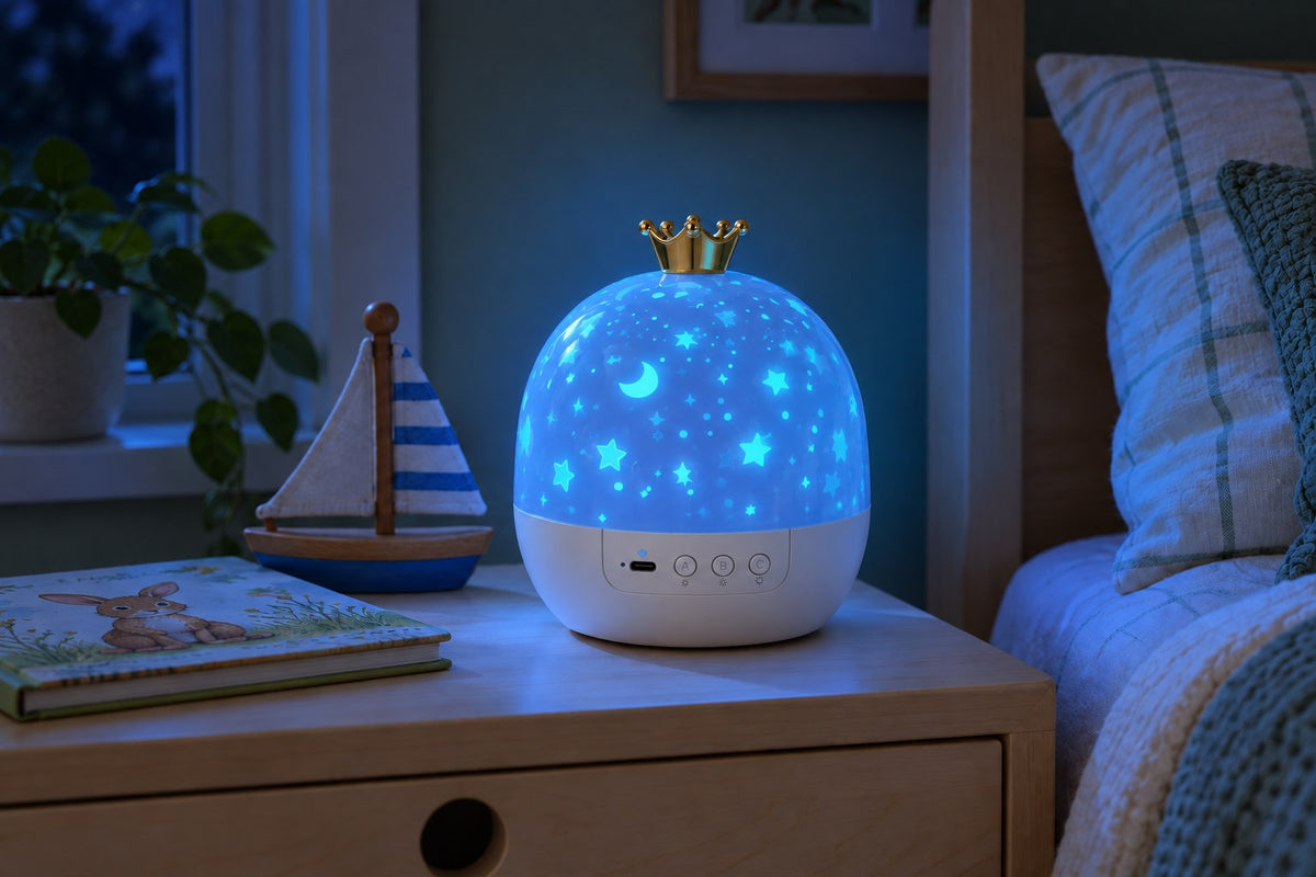 Twinkle Dome – Rotating Kids Star Projector Lamp with the light switched on