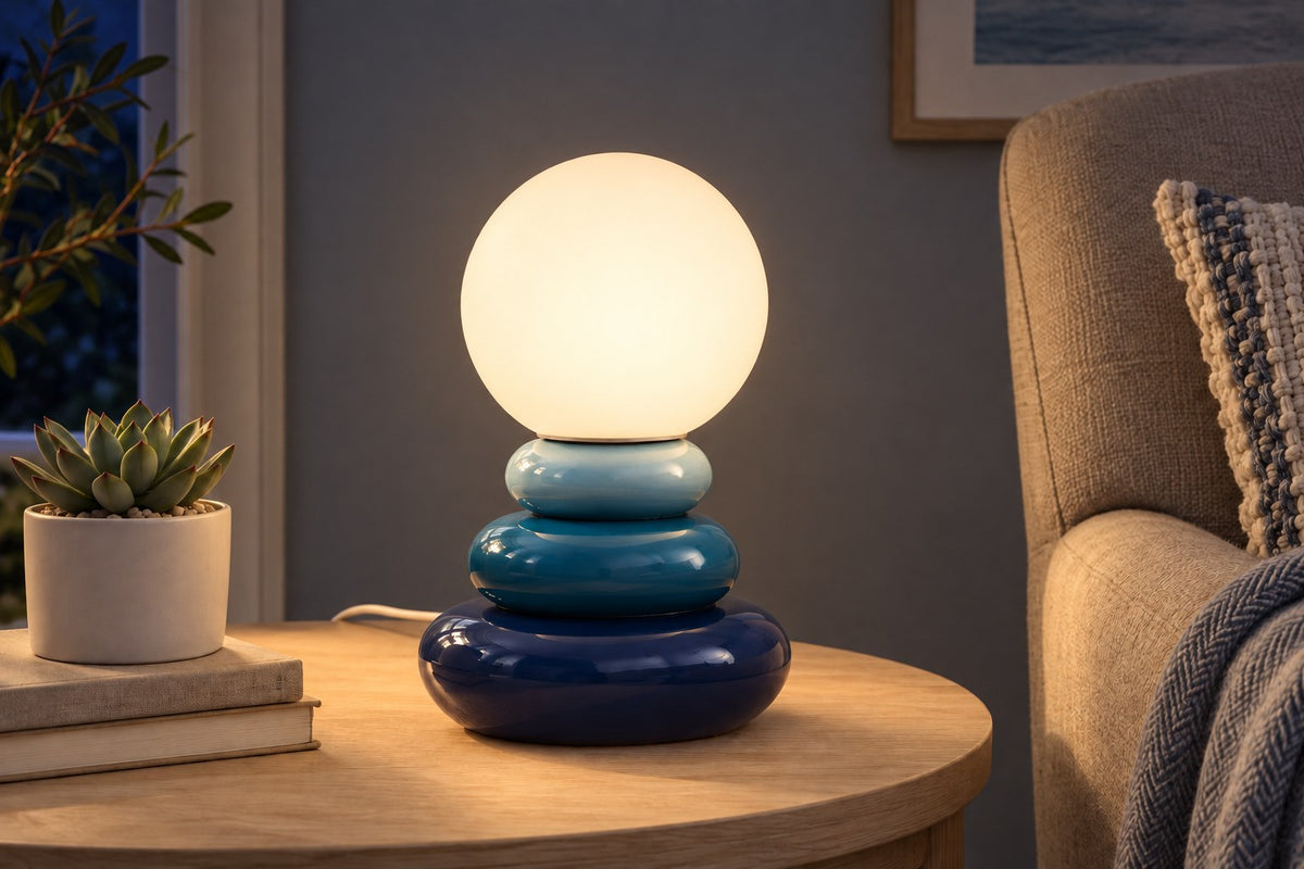 Stone Cairn – Ceramic Stacked Stone-Style Table Lamp with the light switched on