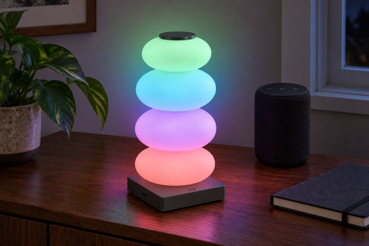Pebble Totem – RGB Strip Table Lamp with the light switched on