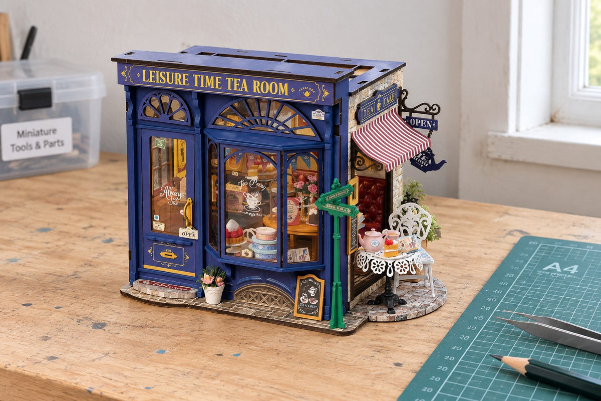 Tea Room – DIY Miniature Tea House Kit with Lights with the light switched off