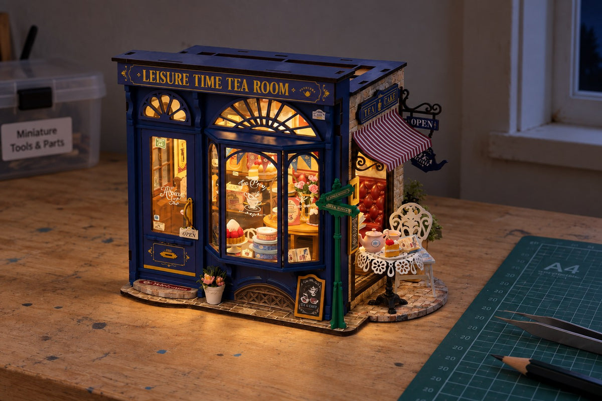 Tea Room – DIY Miniature Tea House Kit with Lights with the light switched on