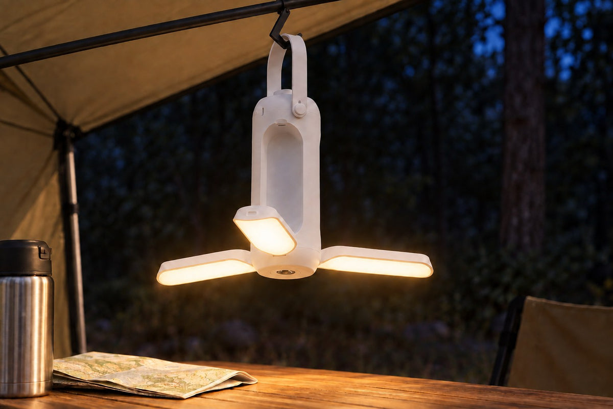 Base Camp – Rechargeable Camping Lamp with the light switched on