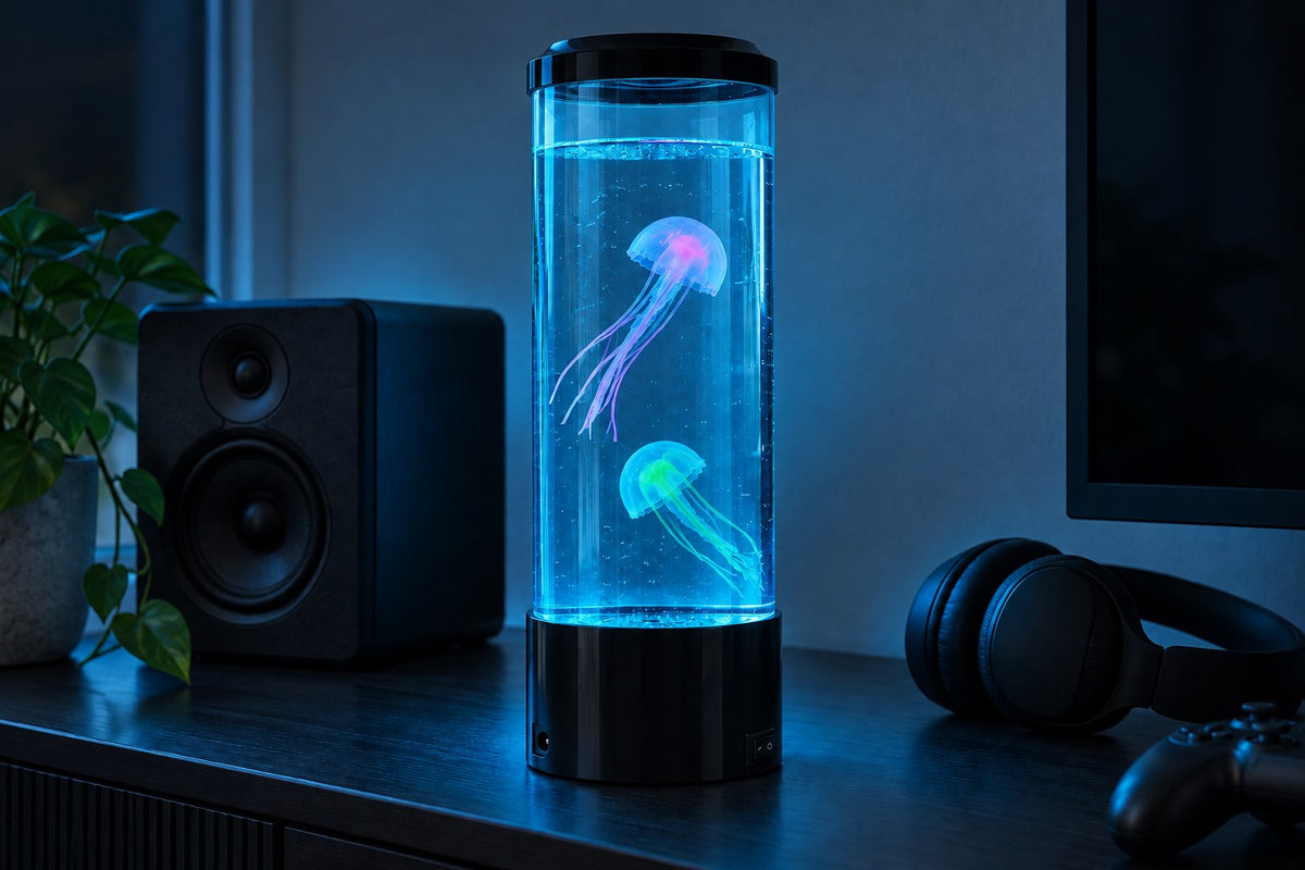 Jellyfish Aquarium – Color-Changing Aquarium Lamp with the light switched on