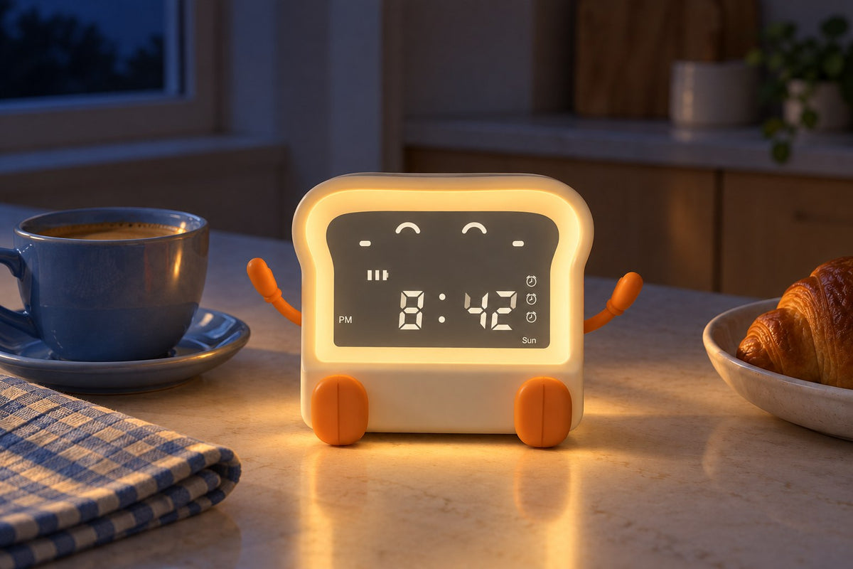 ObiBreakfast – Toast Night Lamp & Alarm Clock with the light switched on