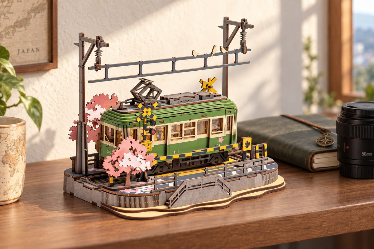 Cherry Tram – Wooden Tram Model Kit with LED Lights with the light switched off