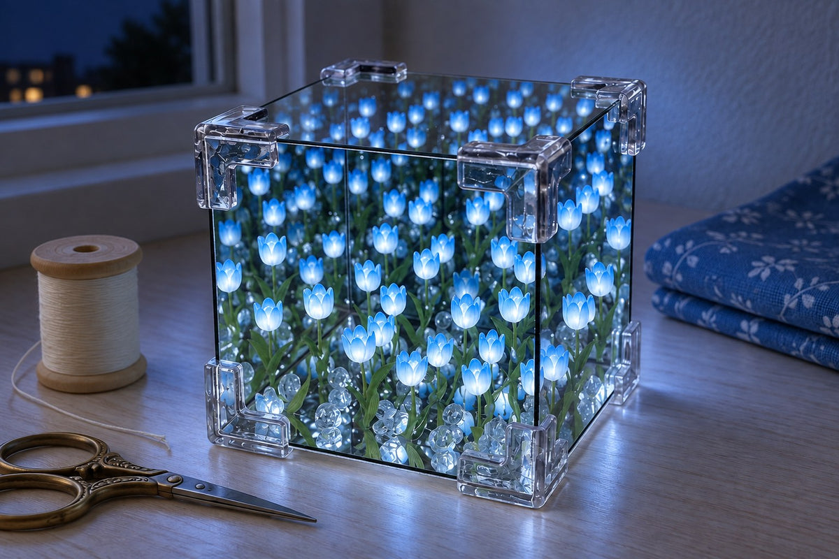 Tulip Box – DIY Tulip Cube Night Lamp Kit with the light switched on