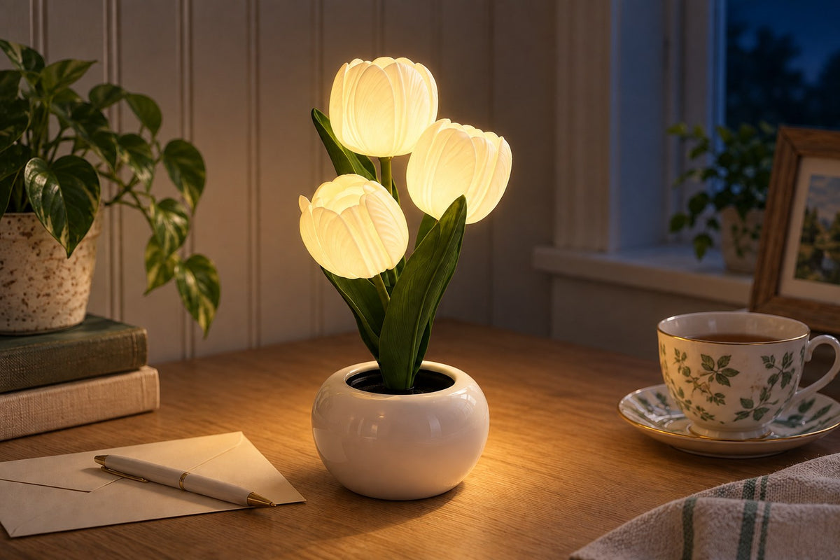 Ceramic Tulips – Ceramic Tulip Lamp with the light switched on