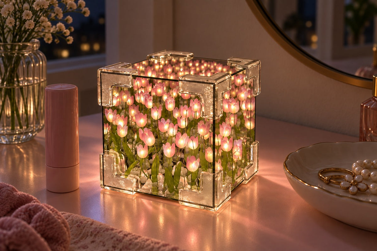 Tulip Mirror XL – DIY Tulip Mirror Cube Lamp Kit with the light switched on
