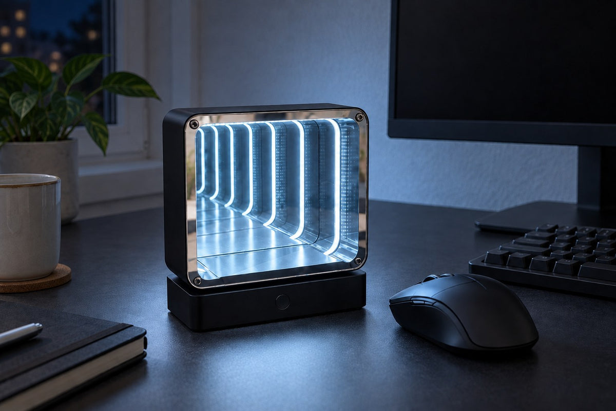 Infinity Tunnel – 4D Quantum Infinity Tunnel Lamp with the light switched on