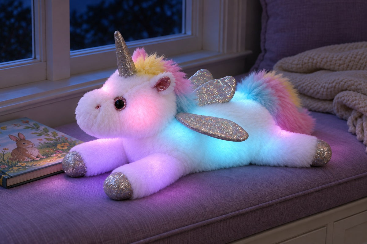 ObiSparkle – LED Light-Up Unicorn Plush Toy with the light switched on