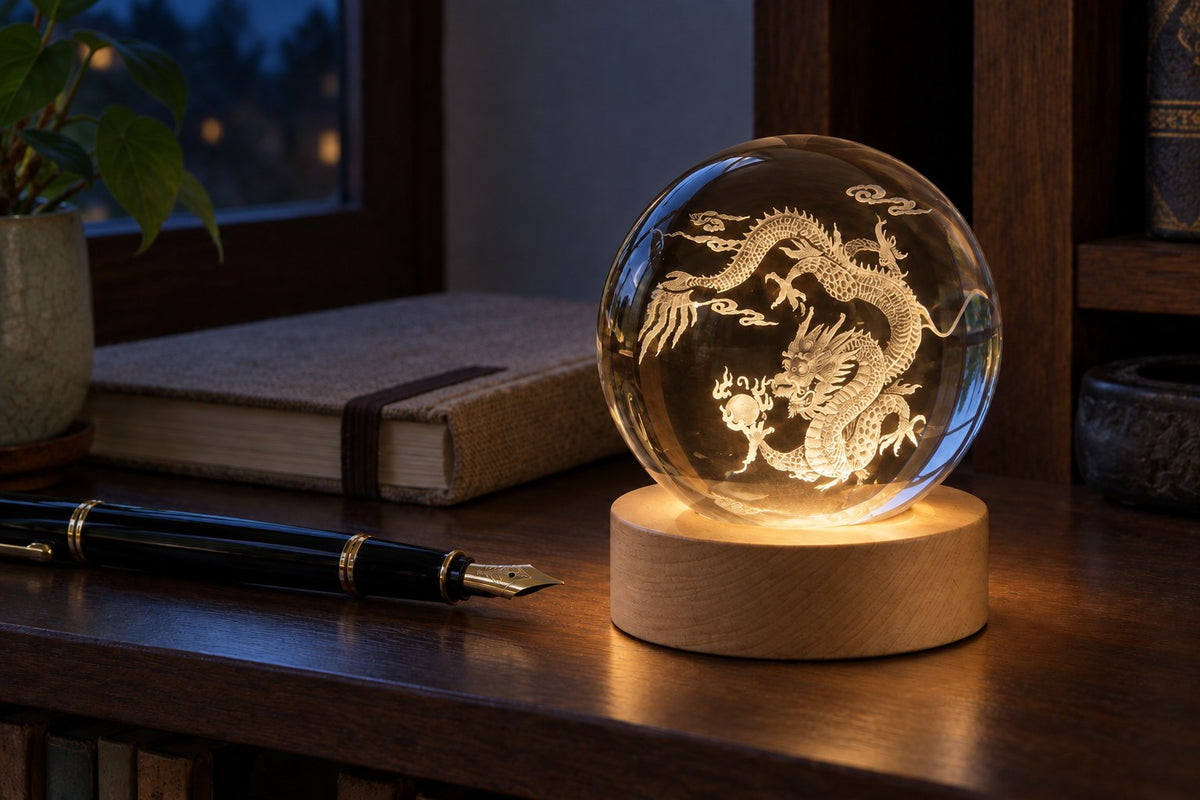 Zodiac Crystal – Engraved Crystal Ball Lamp with the light switched on